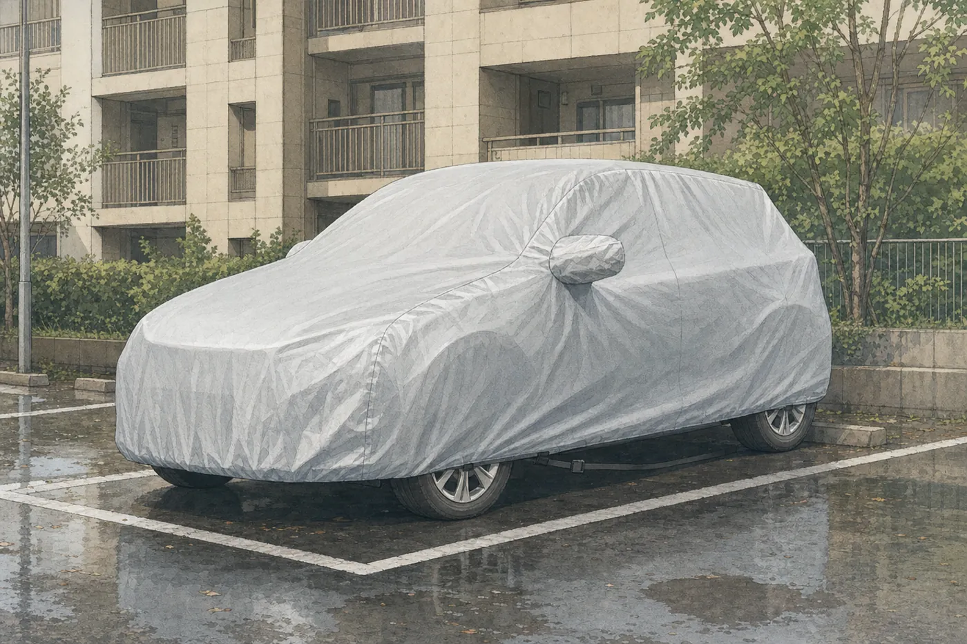 雨上がりのマンションの駐車場で、コンパクトカーにシルバーのボディカバーがかけられ、車体の下をベルトが通っているイメージ(AI生成)