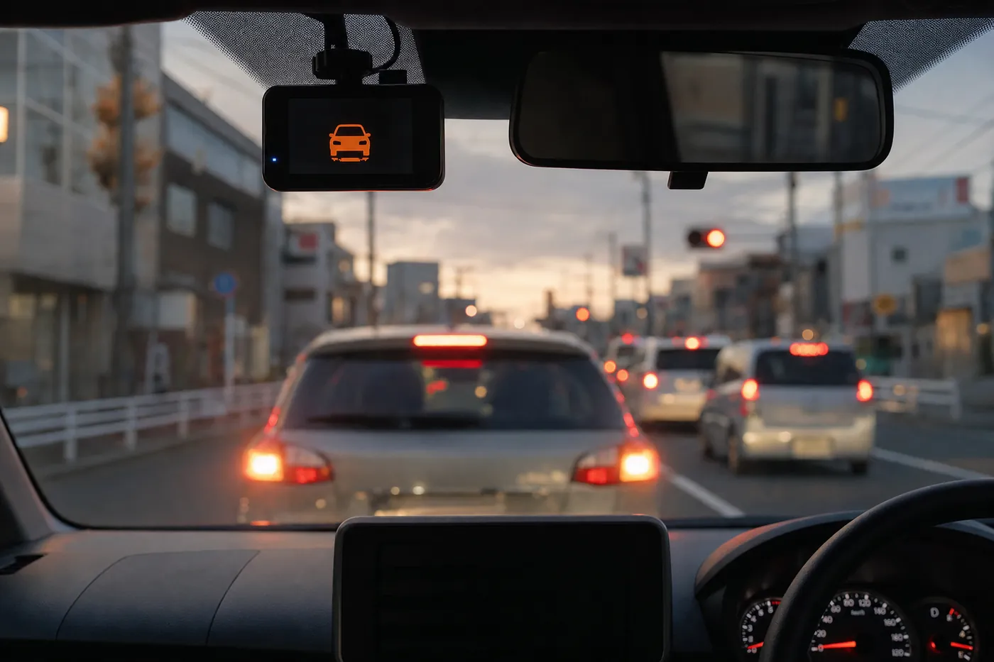 夕方の市街地で、フロントガラス上部のドライブレコーダーの画面にオレンジ色の車のアイコンが表示され、前の車がブレーキランプを点けているイメージ(AI生成)