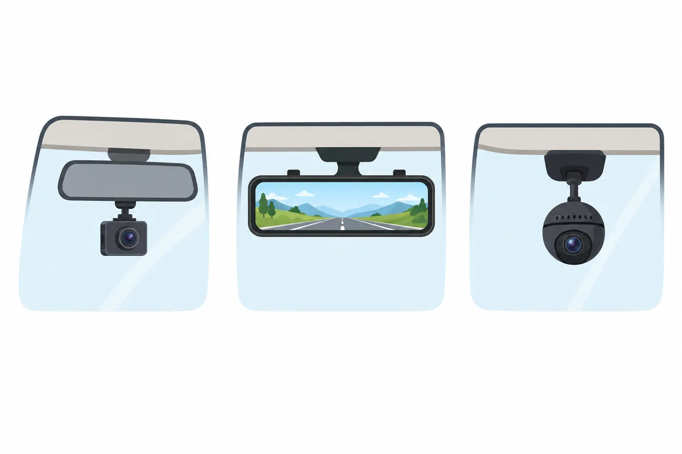 フロントガラスに付けたドライブレコーダー3種類のイラスト。左はルームミラーの下の小さな箱型、中央は画面付きのミラー型、右は丸い360度カメラ