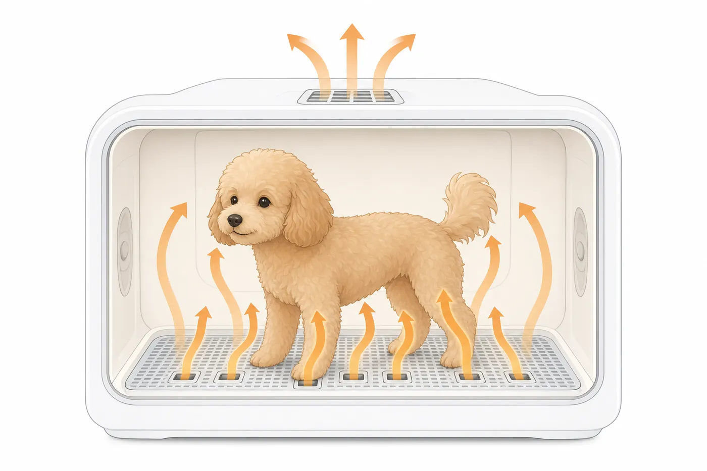 ドライヤーハウスの断面のイラスト。床の通気口から温かい風が吹き上がり、犬のお腹・足・しっぽを包んで、上の通気口から抜けていく。