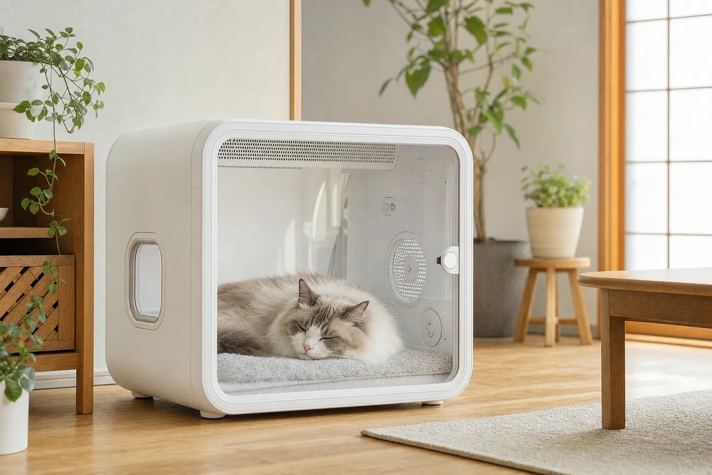 リビングに置いた白いペットドライヤーハウスの中で、長毛の猫がくつろいでいるイメージ(AI生成)