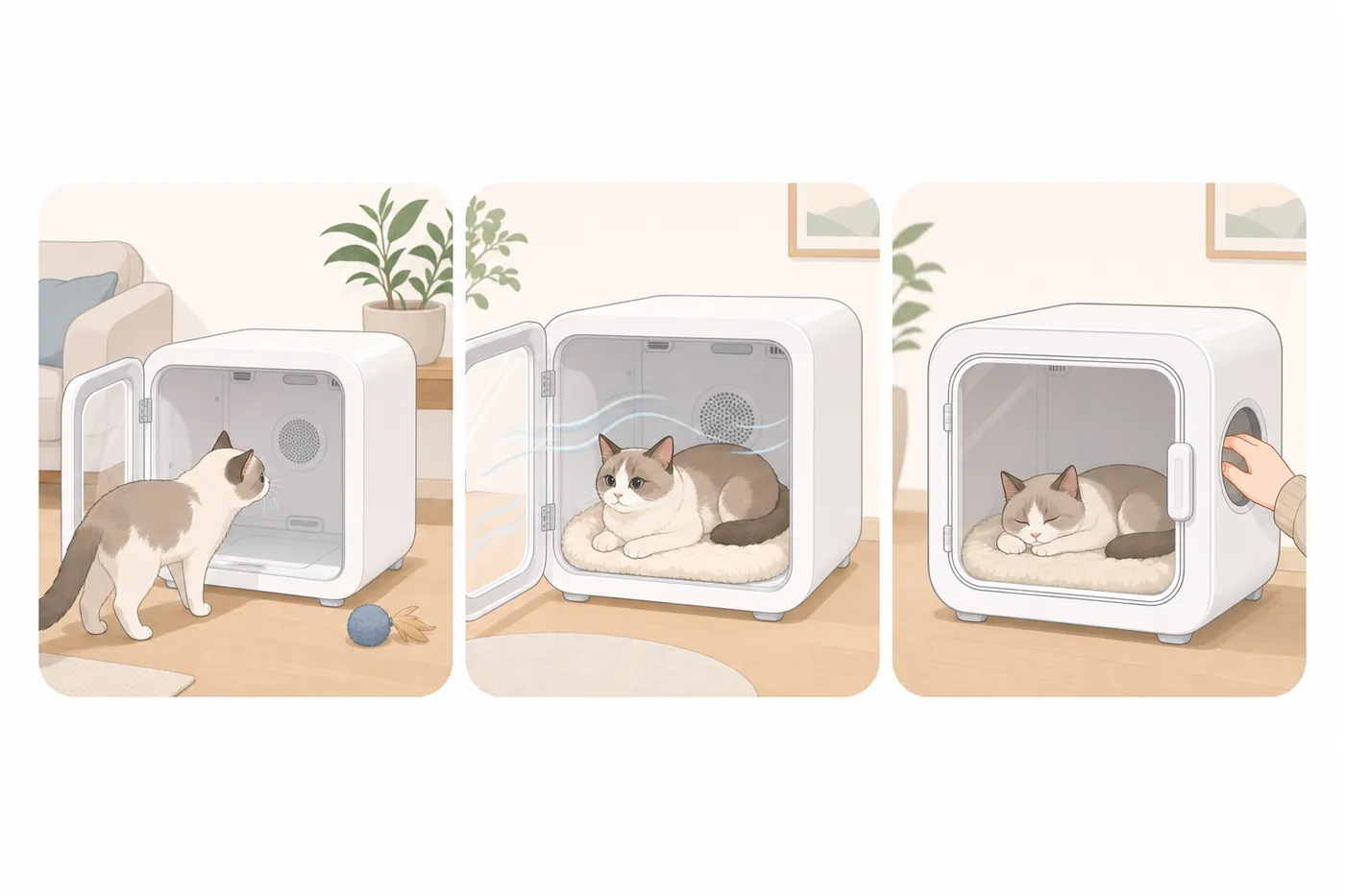 猫がドライヤーハウスに慣れていく3コマのイラスト。扉を開けたハウスのにおいをかぎ、次に中でくつろぎ、最後は扉を閉めて眠る猫を飼い主が窓からなでている。