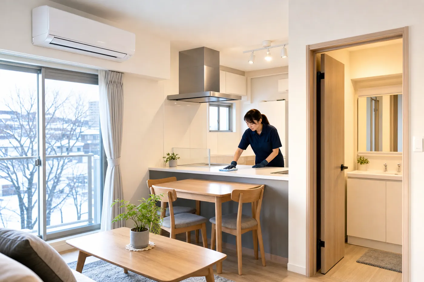 冬の日差しが入るマンションのリビング。壁掛けエアコン、ステンレスのレンジフードのある対面キッチン、開いた扉の奥に洗面所が見え、奥で作業着のスタッフがキッチンカウンターを拭いている写真風のイメージ(AI生成)