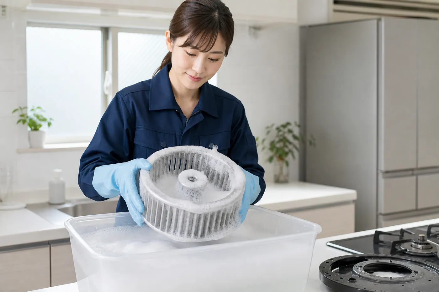 明るいキッチンで、作業着とゴム手袋のスタッフが、外したレンジフードの丸いファンを白い泡の洗剤が入った容器に浸けている写真風のイメージ(AI生成)