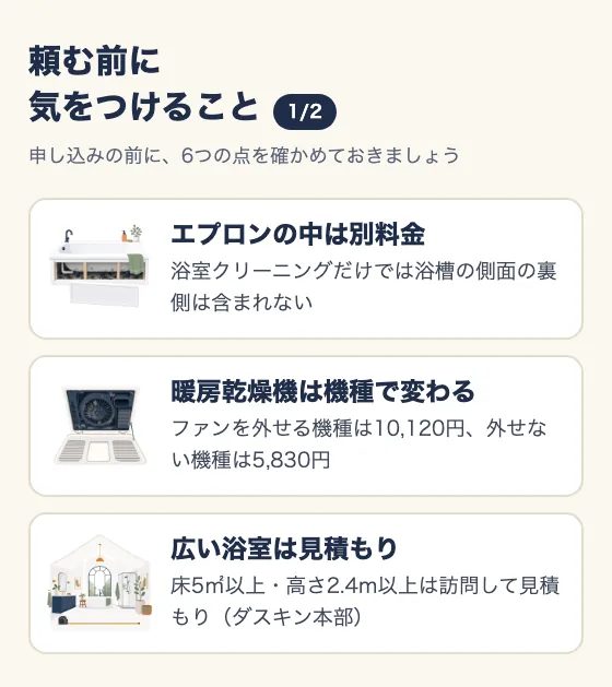 頼む前に気をつけること(1/2)。エプロンの中は別料金(浴室クリーニングだけでは浴槽の側面の裏側は含まれない)。暖房乾燥機は機種で変わる(ファンを外せる機種は10,120円、外せない機種は5,830円)。広い浴室は見積もり(床5㎡以上・高さ2.4m以上は訪問して見積もり、ダスキン本部)。