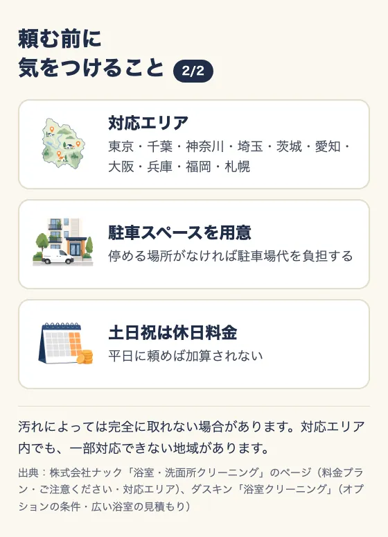 頼む前に気をつけること(2/2)。対応エリア(東京・千葉・神奈川・埼玉・茨城・愛知・大阪・兵庫・福岡・札幌)。駐車スペースを用意(停める場所がなければ駐車場代を負担する)。土日祝は休日料金(平日に頼めば加算されない)。汚れによっては完全に取れない場合があり、対応エリア内でも一部対応できない地域がある。