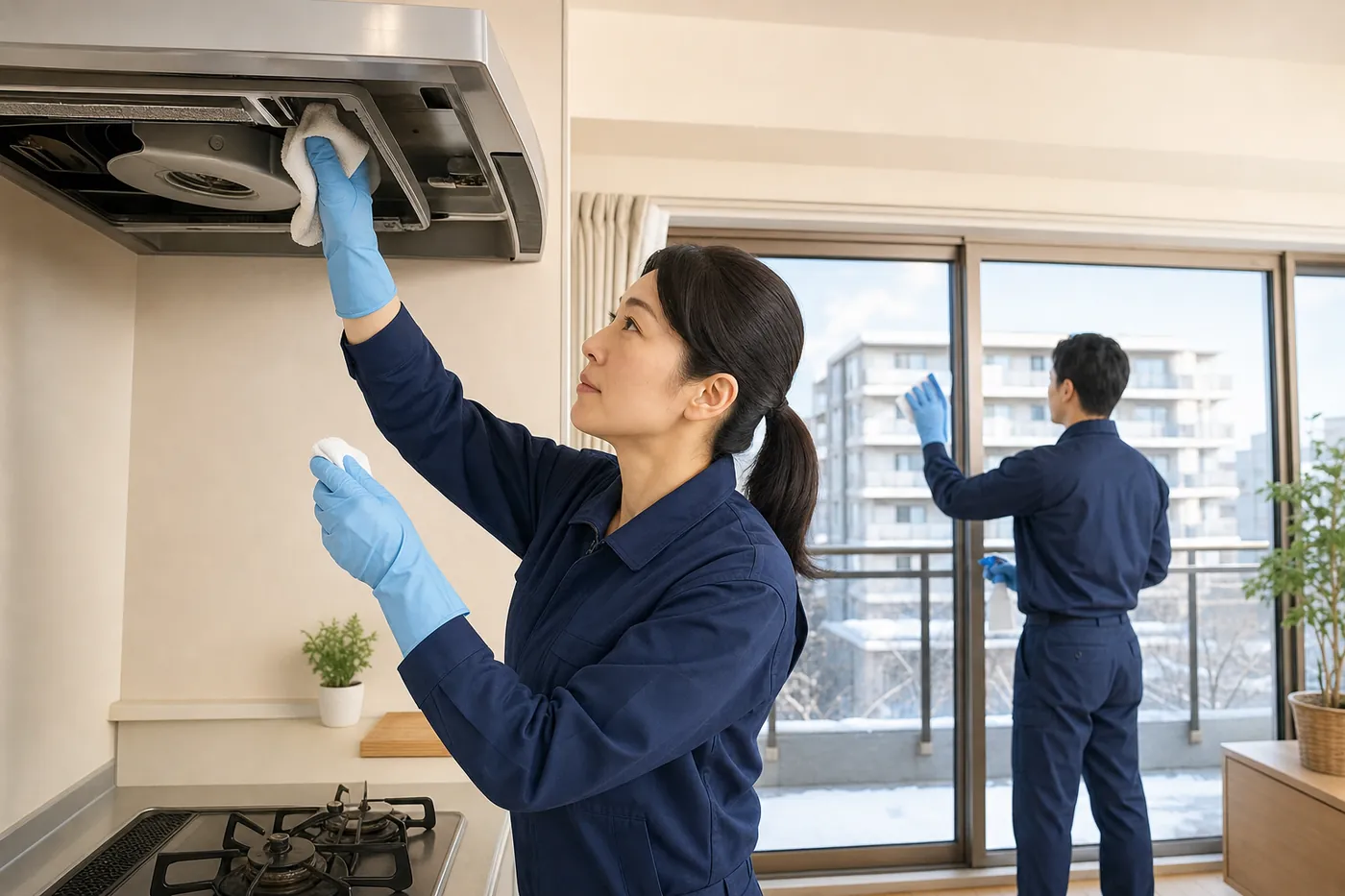 冬の明るいマンションのキッチンで、作業着の女性がレンジフードの内側を拭き、奥で男性スタッフがベランダの窓ガラスを拭いている写真風のイメージ（AI生成）