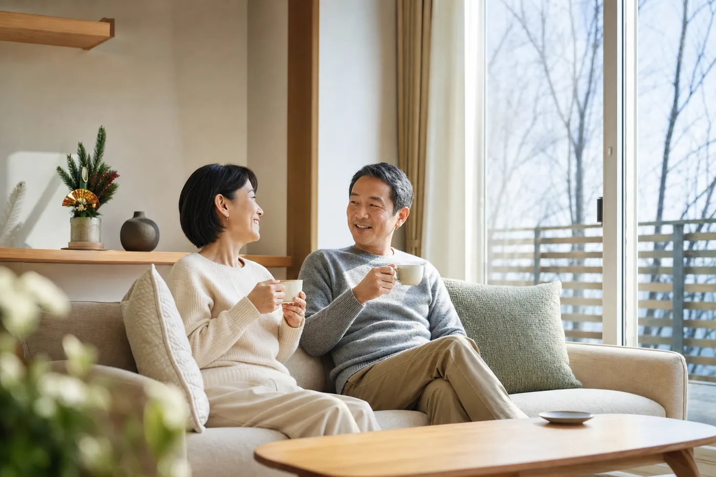 大掃除を終えてきれいになった冬のマンションのリビングで、40代の夫婦がソファでお茶を飲みながらくつろいでいる写真風のイメージ（AI生成）