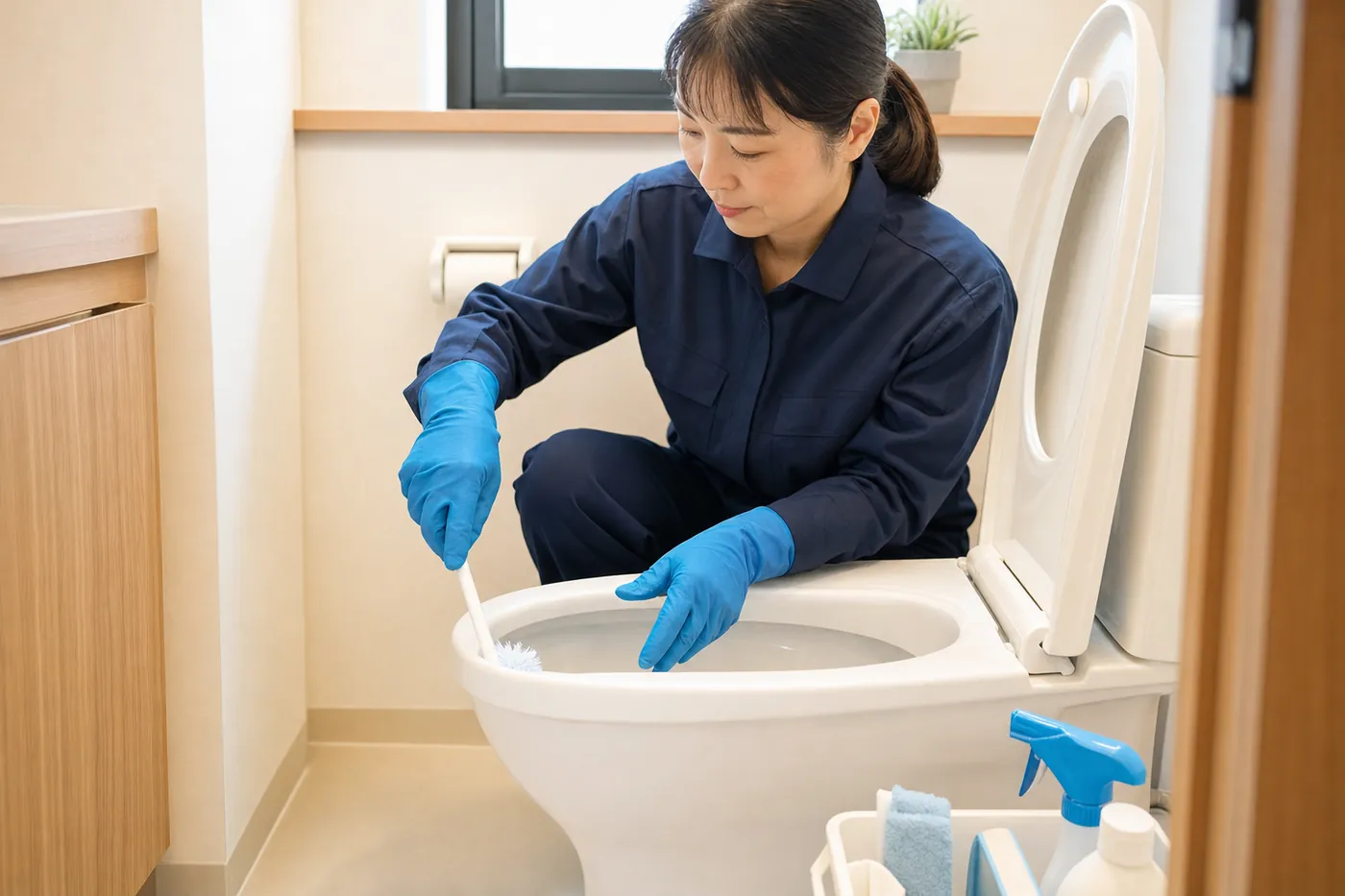 明るいトイレで、作業着のスタッフが便座の蓋を上げ、便器の縁の裏を小さなブラシで洗っている写真風のイメージ(AI生成)