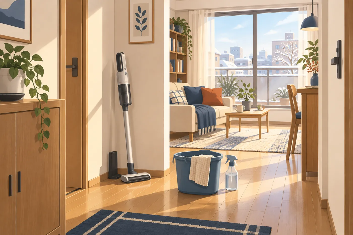 冬の日が差す明るいマンションの廊下とリビングで、壁に立てかけたスティック掃除機と充電台、床にバケツと布があるイメージイラスト