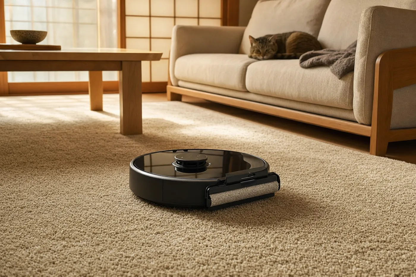 猫がソファで眠るリビングで、厚手のカーペットの上を掃除するロボット掃除機の写真風のイメージ