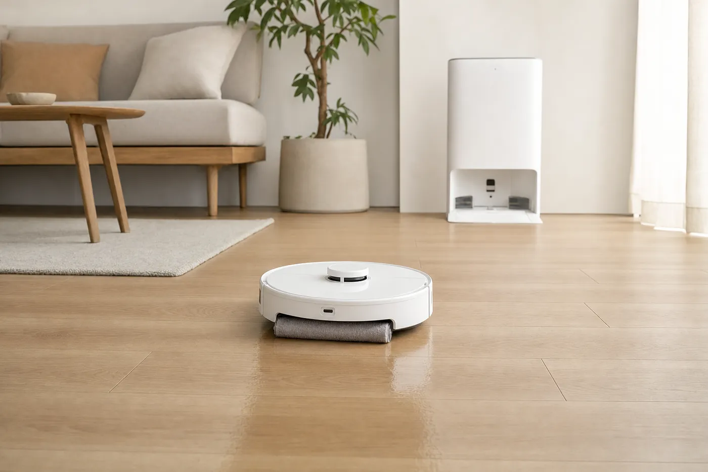明るいリビングのフローリングを、ローラーモップで水拭きしながら進むロボット掃除機の写真風のイメージ(AI生成)