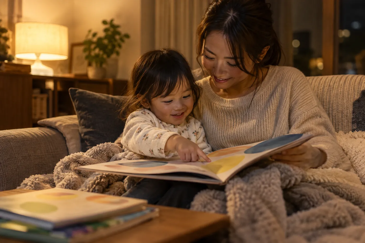 夜のリビングで、2歳くらいの子が母親のひざの上の絵本を指さして笑っているイメージ(AI生成)