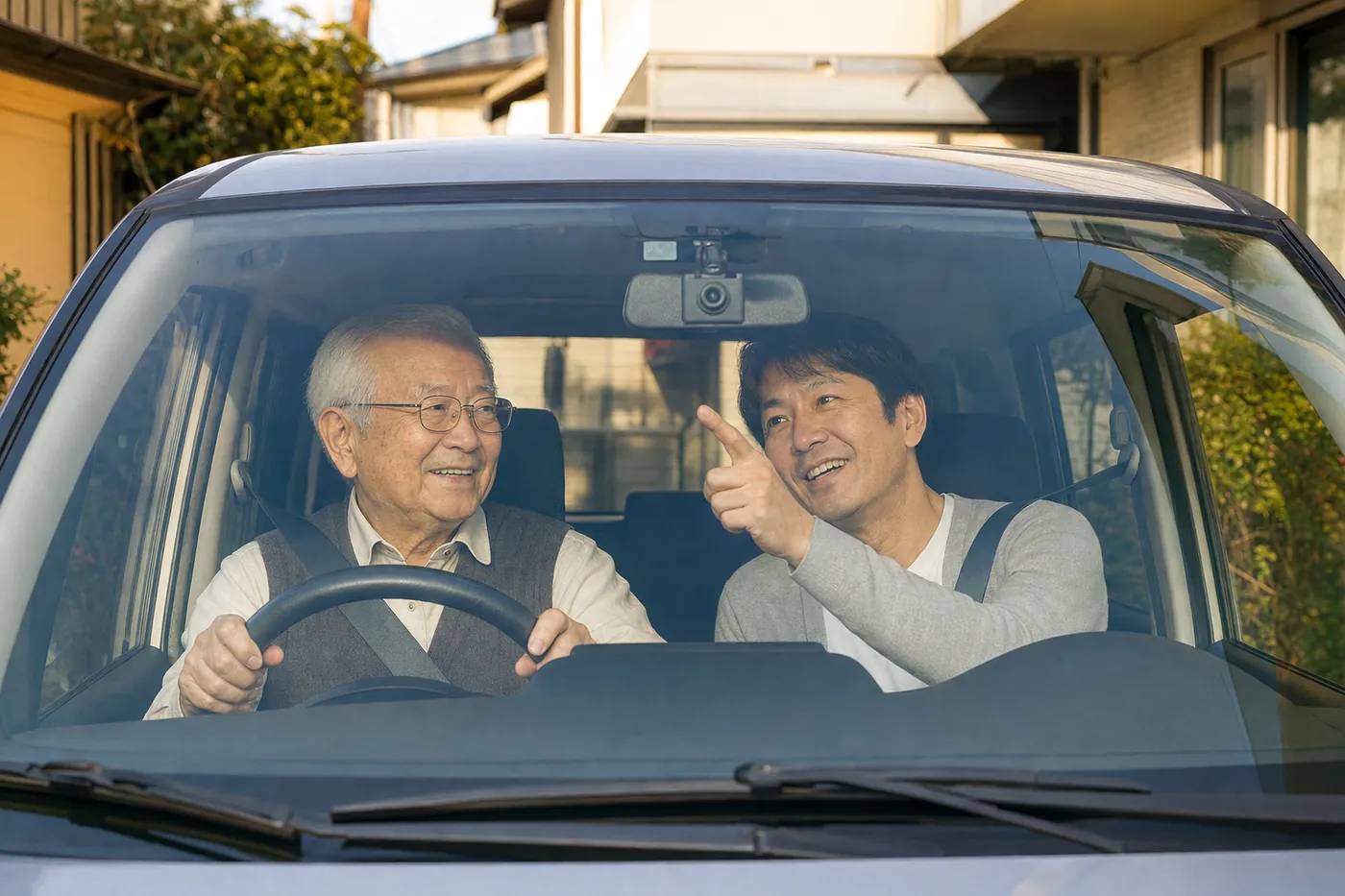 家の前に止めた車の運転席に高齢の親が座り、助手席の子がフロントガラス上部のドライブレコーダーを指さして説明しているイメージ(AI生成)