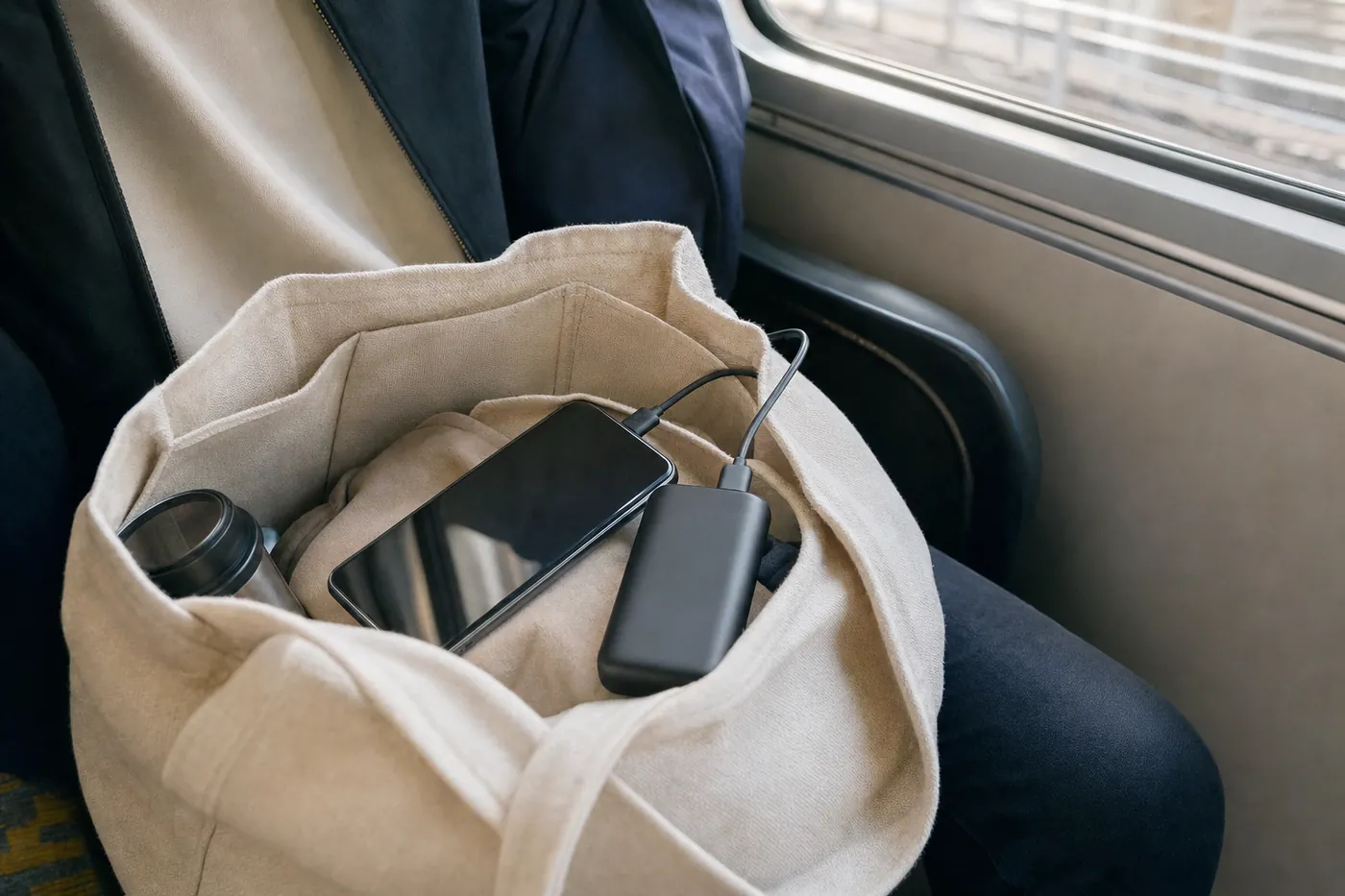 朝の電車で、ひざの上のトートバッグに入れた黒いモバイルバッテリーがスマホを充電している写真風のイメージ（AI生成）