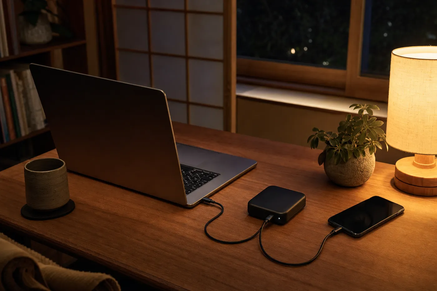 夜の在宅勤務の机で、四角い黒いモバイルバッテリーからノートパソコンとスマホを同時に充電している写真風のイメージ
