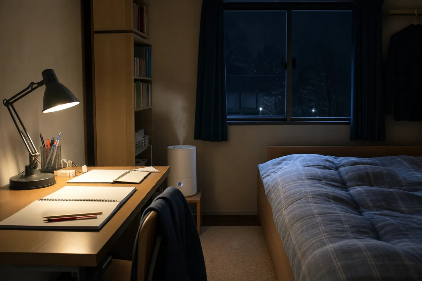 冬の夜の6畳ほどの部屋で、明かりのついた勉強机の横に白い小型の加湿器が置かれ、静かに蒸気が出ている写真風のイメージ(AI生成)