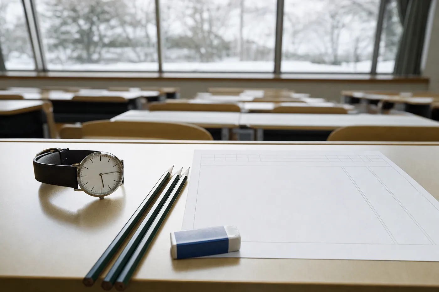 雪の見える大学の講義室で、試験の机に白い文字盤の腕時計、鉛筆3本、消しゴム、白紙の解答用紙が置かれている写真風のイメージ(AI生成)