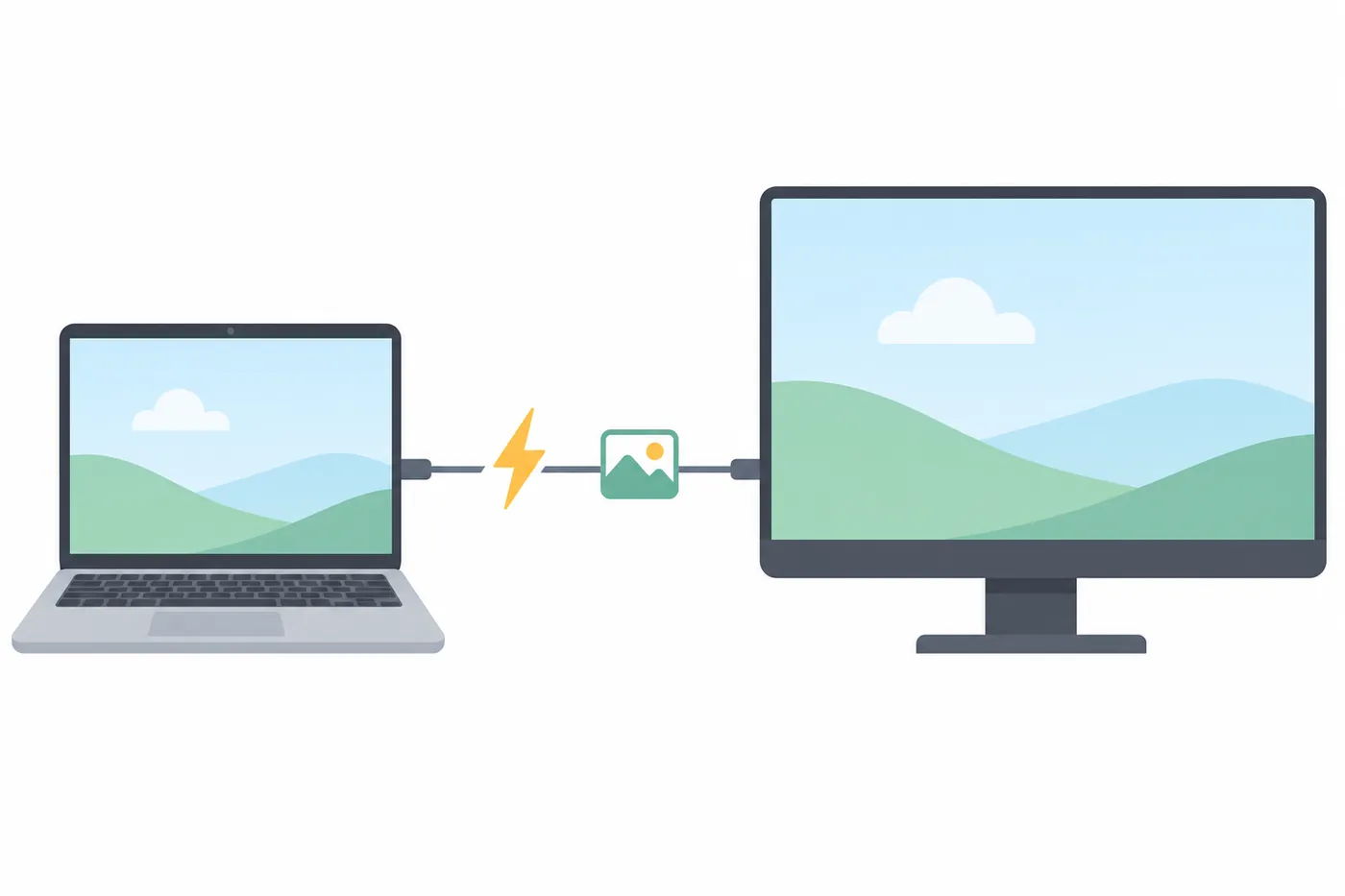 ノートパソコンとモニターが1本のケーブルでつながり、途中に電気のマークと画像のマークが描かれたイラスト