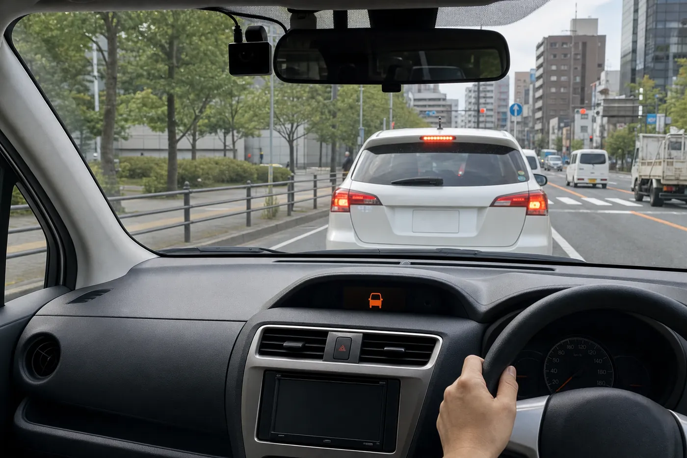 運転席から見た市街地の道路。前の白い車がブレーキランプを点けて近づいていて、フロントガラス上部のカメラとダッシュボードのオレンジ色の警告表示が見えるイメージ(AI生成)