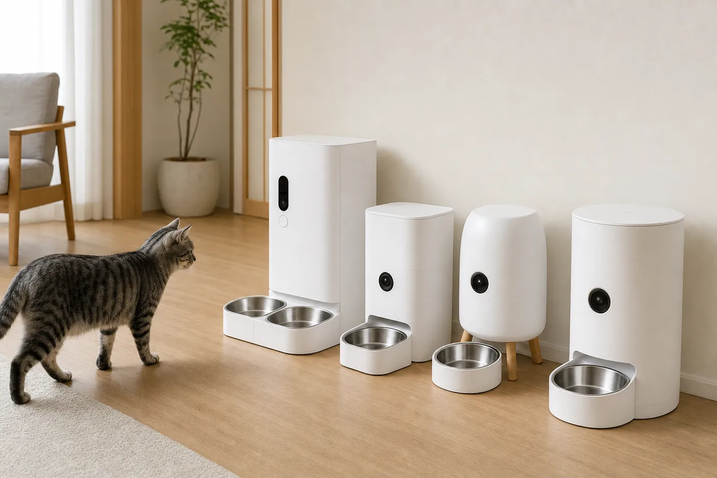 リビングの床に形の違う4台の白い自動給餌器が並び、猫が1匹のぞき込んでいるイメージ(AI生成)