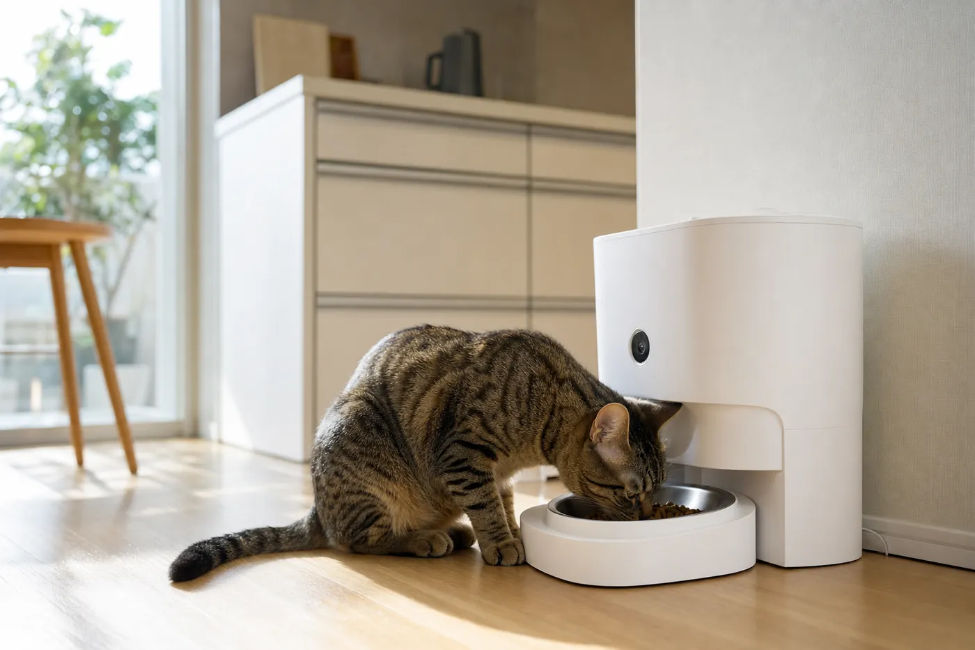 キッチンの床に置いたカメラ付きの自動給餌器から、猫がごはんを食べているイメージ(AI生成)