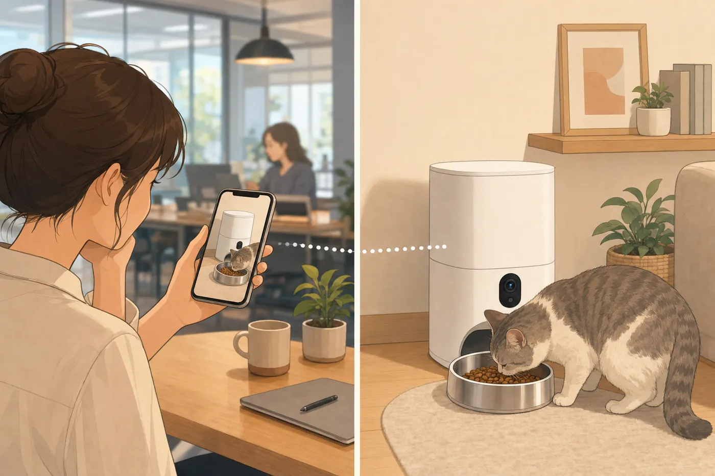 外出先の飼い主がスマホの画面で、自宅の自動給餌器からごはんを食べる猫の映像を見ているイラスト