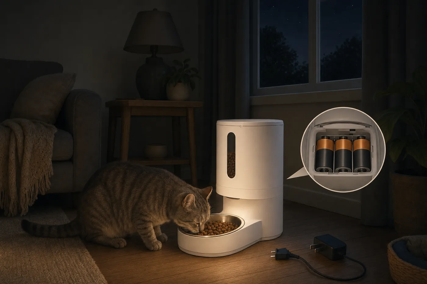 夜に部屋の電気が消えた中で、乾電池で動き続ける自動給餌器から猫がごはんを食べているイラスト