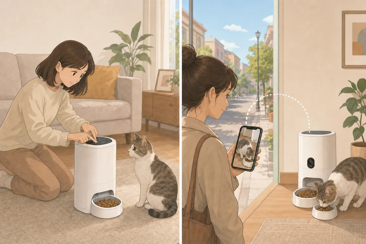 左は本体のボタンと画面で時刻を設定する自動給餌器、右はカメラ付きの自動給餌器を外出先のスマホから操作している様子を描いた比較イラスト