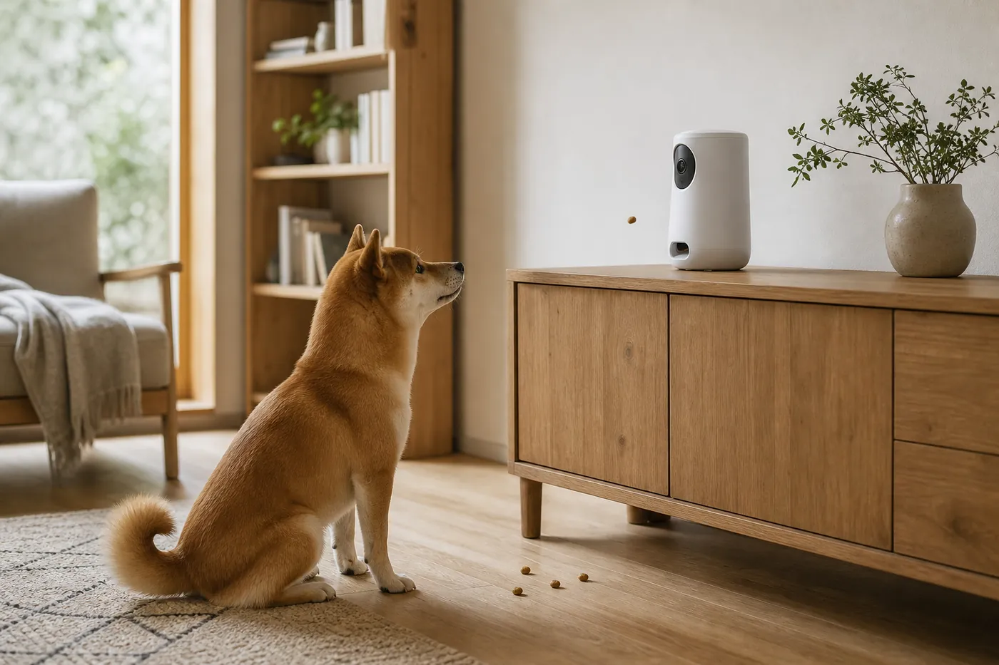 棚の上のペットカメラを見上げる犬と、床に落ちたおやつのイメージ