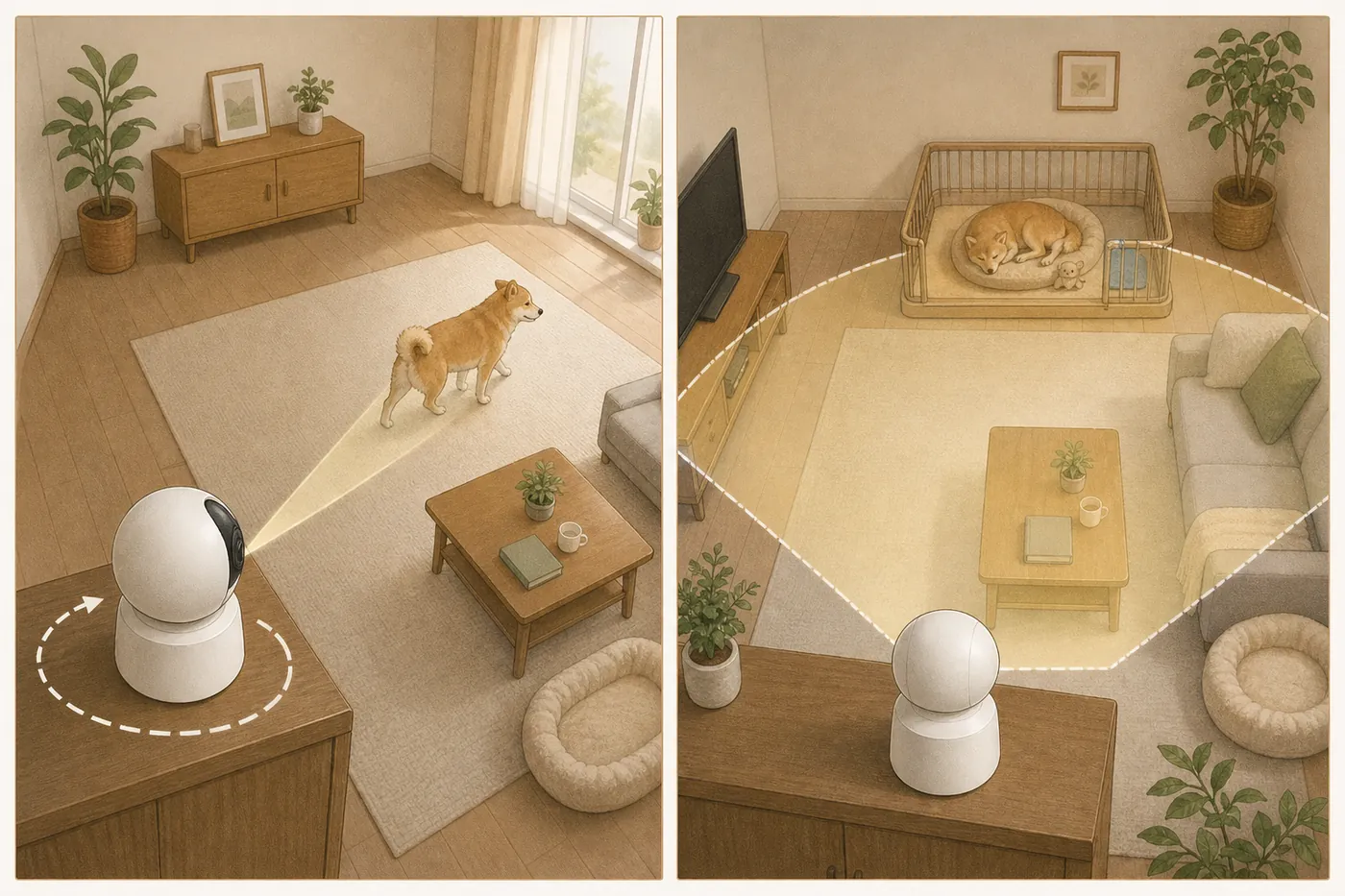 左は回転して歩く犬を追いかけるカメラ、右は首振りなしで部屋全体を広く映すカメラ