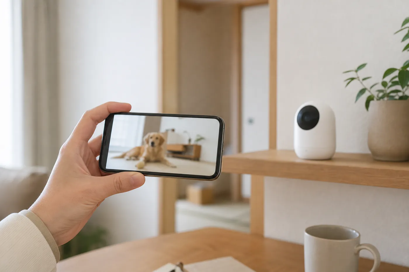 スマートフォンで留守番中の犬の映像を見ているイメージ