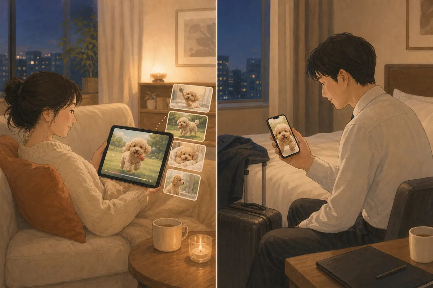 左はソファでタブレットの録画ハイライトを見る人、右は出張先のホテルでスマートフォンの犬の映像を見る人