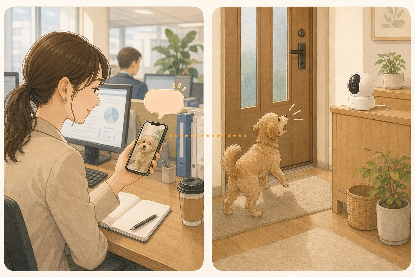職場でスマートフォンの通知を見る飼い主と、家で玄関に向かって吠える犬とペットカメラ