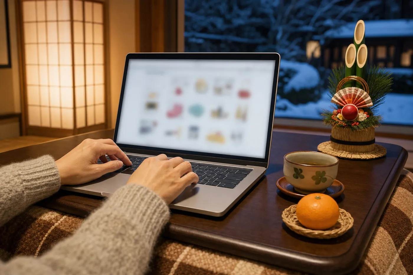 冬の夜、こたつの上でノートパソコンを操作している手と、みかんとお茶、正月飾りが写っている写真風のイメージ（AI生成）