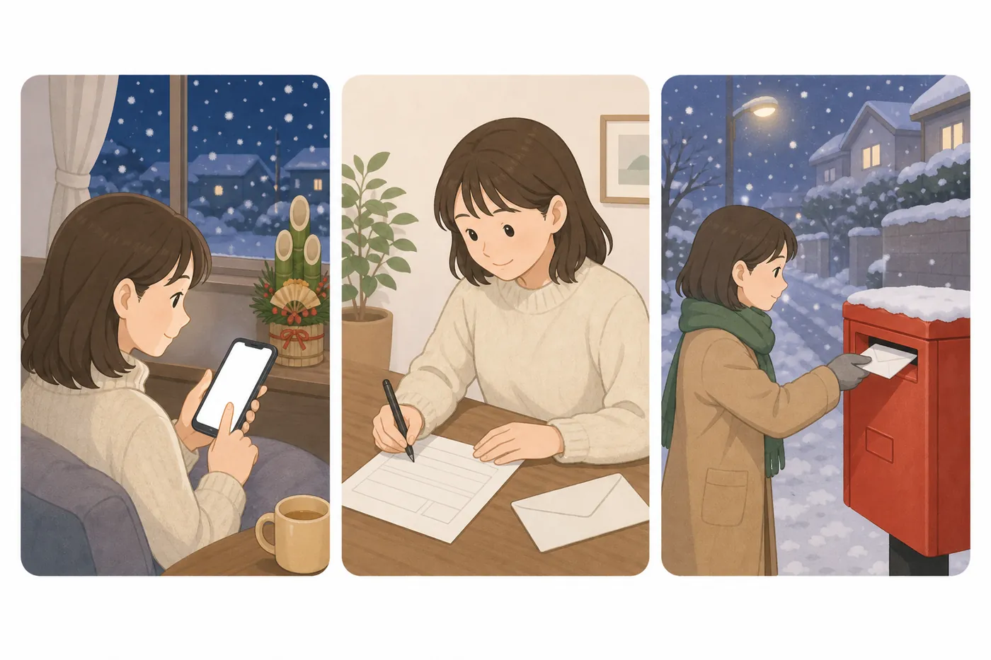年末の夜にスマホで寄付し、申請書に記入して、雪の中で封筒をポストに入れる流れを3コマで描いたイラスト