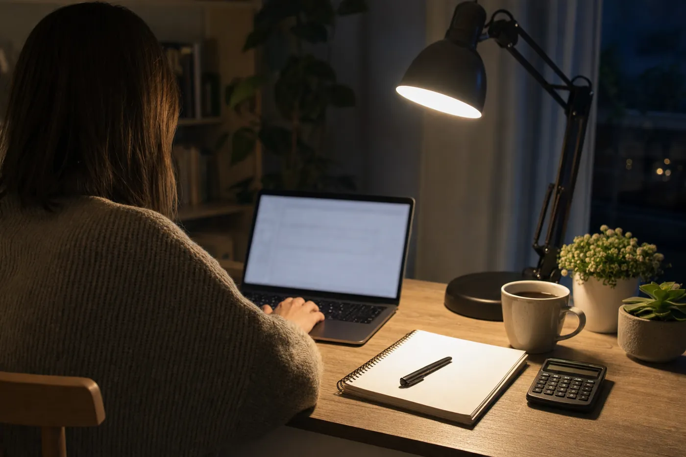 夜、デスクライトの下でノートパソコンに向かって副業をしている人の後ろ姿と、ノートや電卓、コーヒーが写っている写真風のイメージ(AI生成)