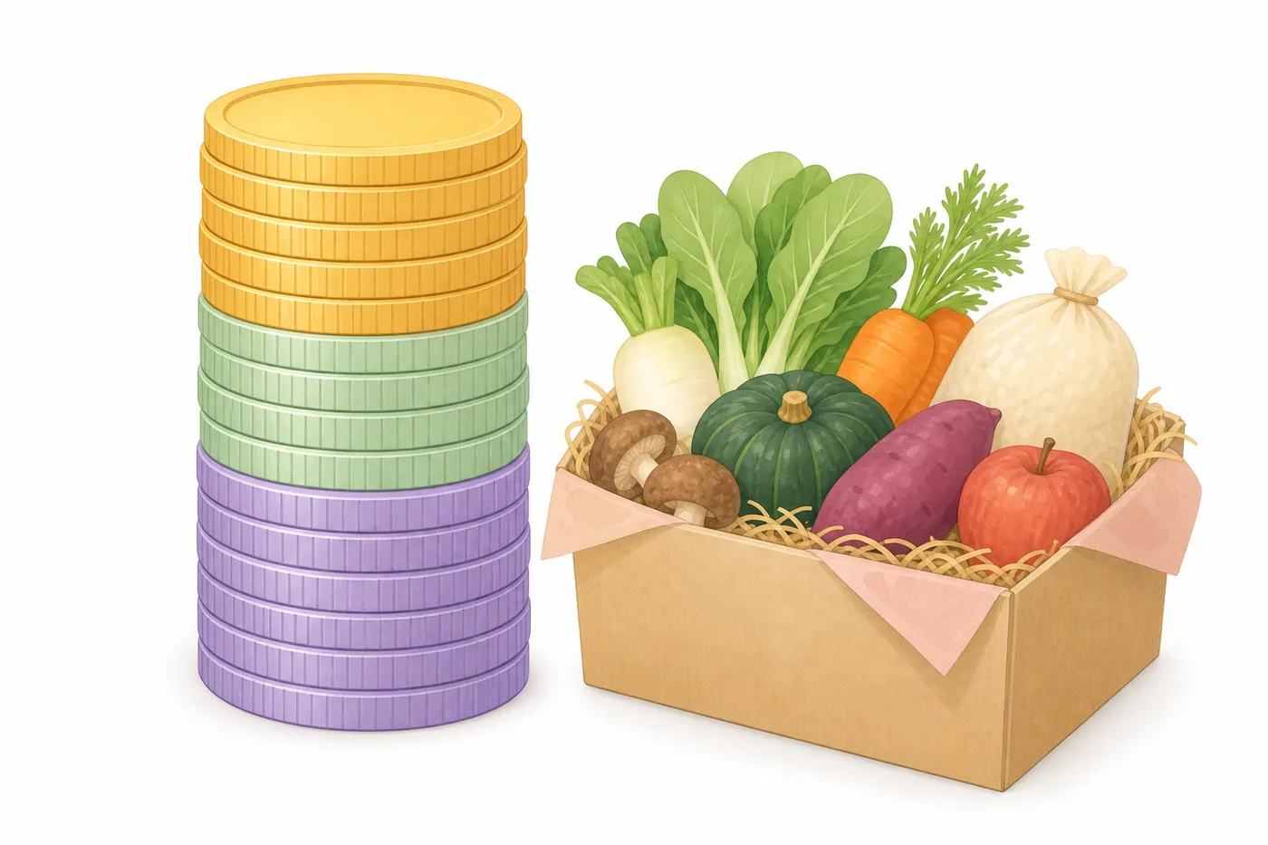 3つの色の層に分かれた硬貨の山と、野菜の入った返礼品の箱を並べたイラスト