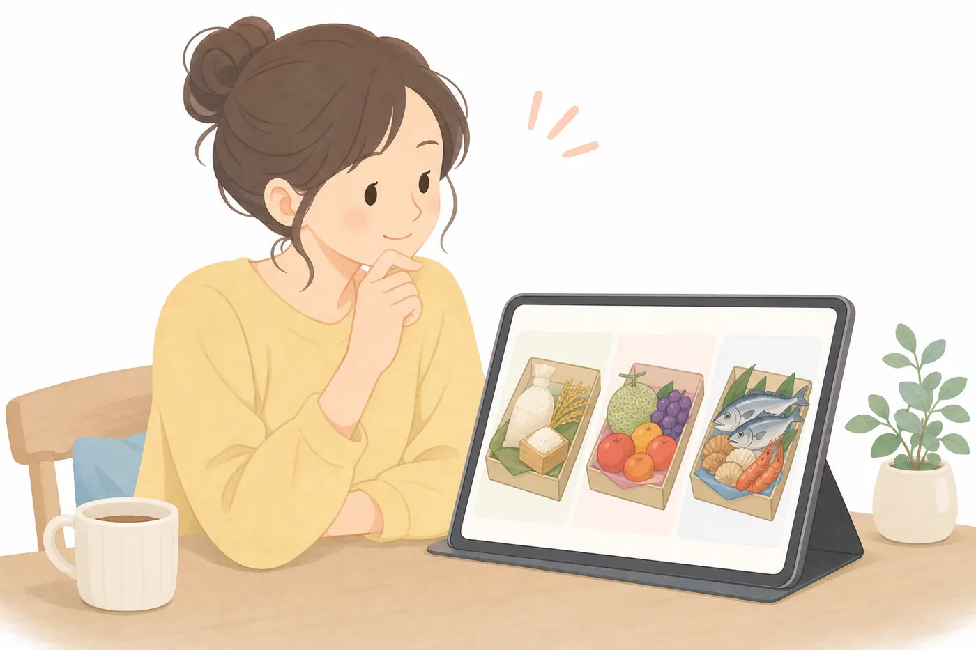 タブレットに表示された米、果物、魚の3つの返礼品を見比べて考えている人のイラスト