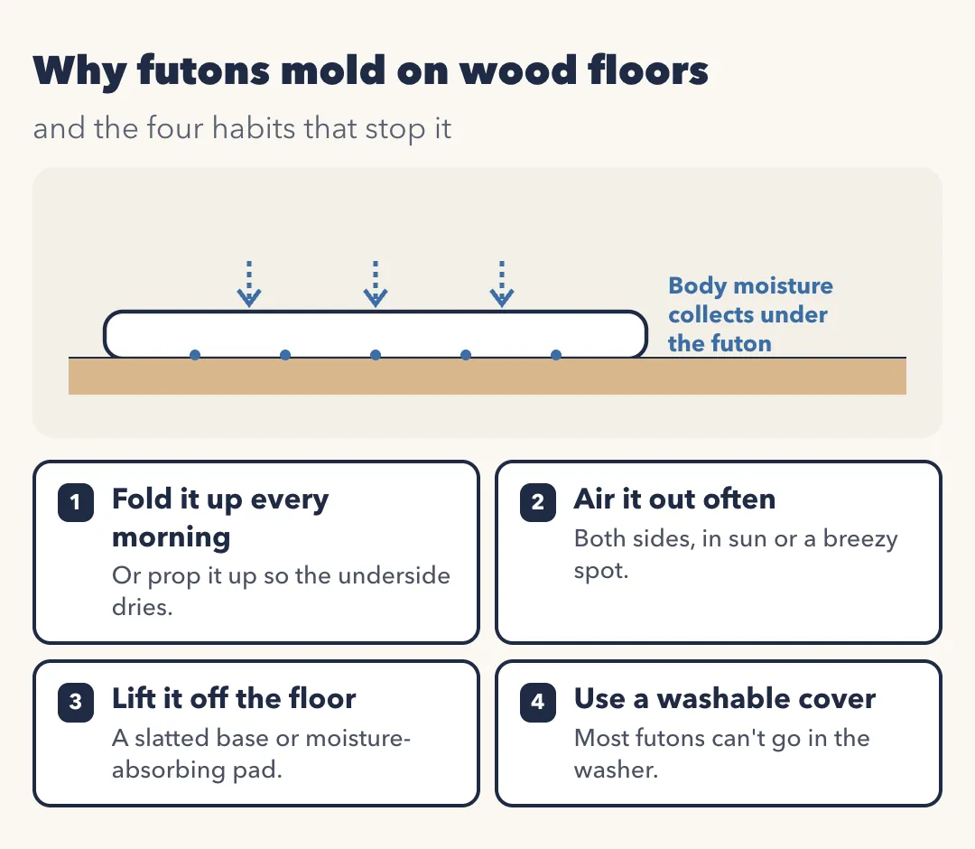 Why futons mold on wood floors: body moisture collects under the futon, between it and the floor. Four habits stop it: 1 fold it up every morning, or prop it up so the underside dries; 2 air it out often, both sides, in sun or a breezy spot; 3 lift it off the floor with a slatted base or moisture-absorbing pad; 4 use a washable cover, since most futons can't go in the washer.