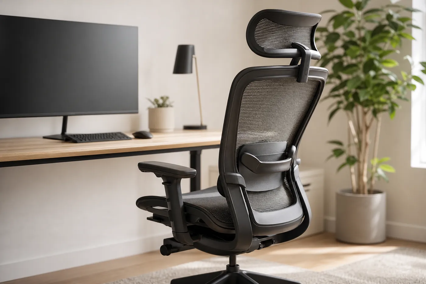 明るい在宅ワークの部屋で、ヘッドレスト付きのメッシュのオフィスチェアが机の前に置かれている様子(写真風のイメージ)