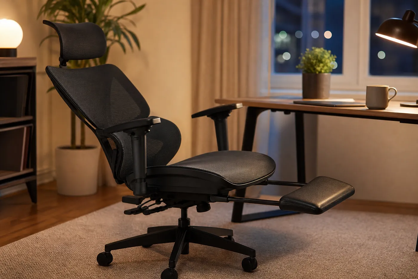 夜の部屋で、メッシュのオフィスチェアが深く倒され、座面の下から足を乗せる台が引き出されている様子（写真風のイメージ）