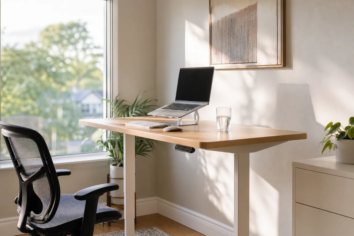 朝日の入る在宅ワークの部屋で、電動昇降デスクが立ち作業の高さまで上がり、椅子が横に寄せてある様子(写真風のイメージ)