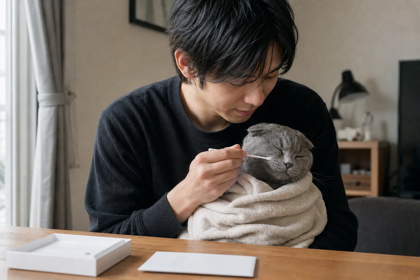 タオルにくるんだスコティッシュ・フォールドの頬の内側を、綿棒でこすって検体を採る飼い主の写真風のイメージ