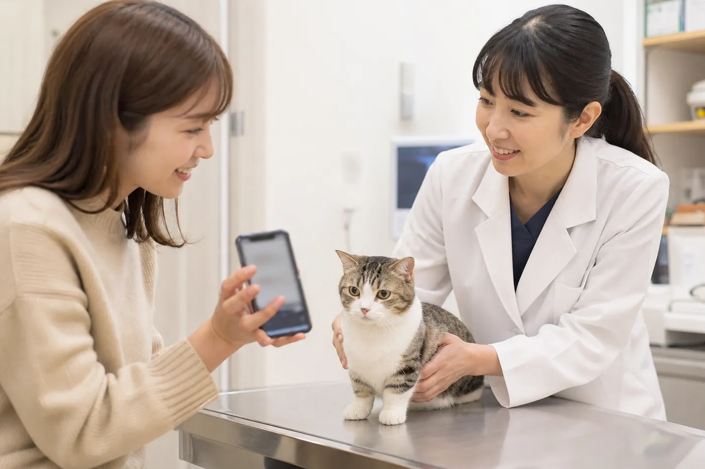 動物病院で、飼い主がスマートフォンの検査結果を獣医師に見せ、診察台に猫が座っている写真風のイメージ