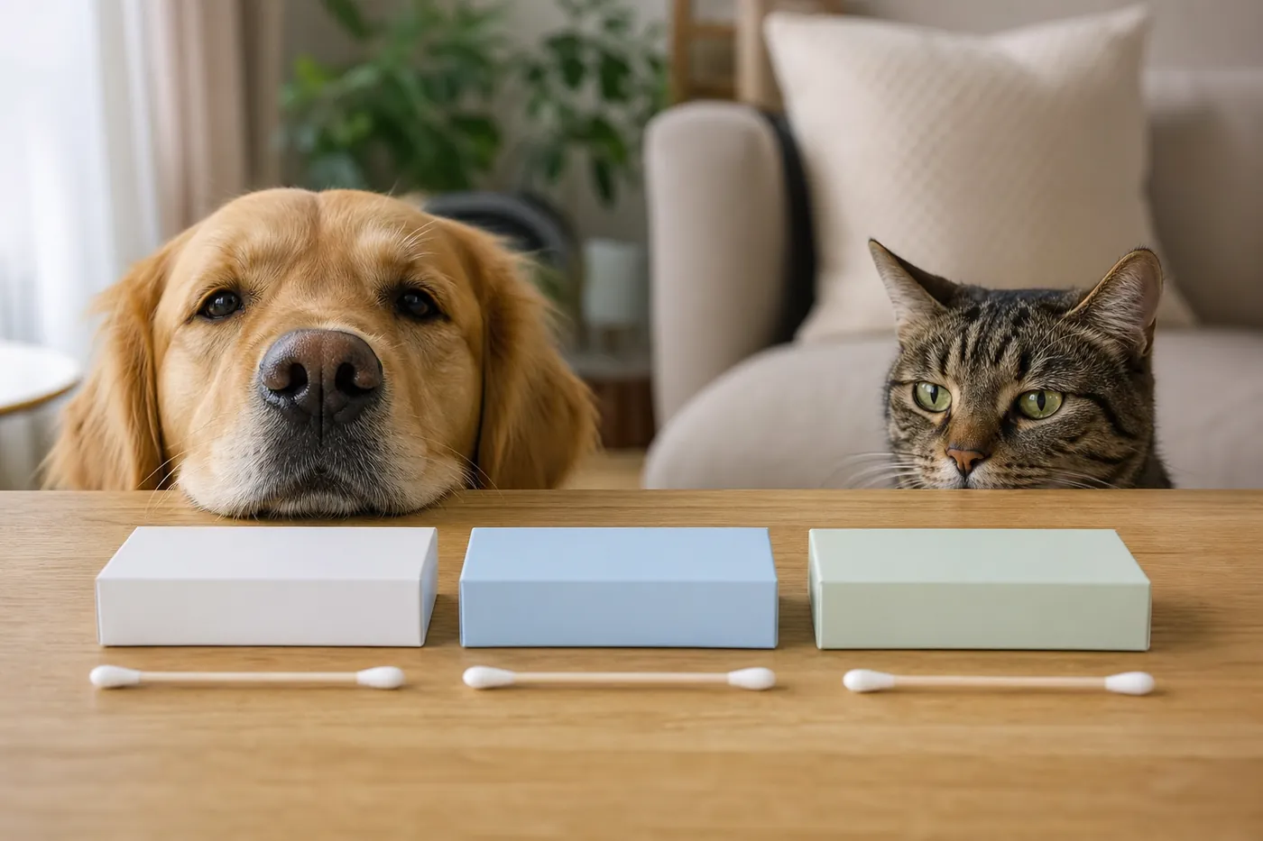 テーブルに並んだ色の違う3つの検査キットと綿棒を、犬と猫がのぞき込んでいる写真風のイメージ