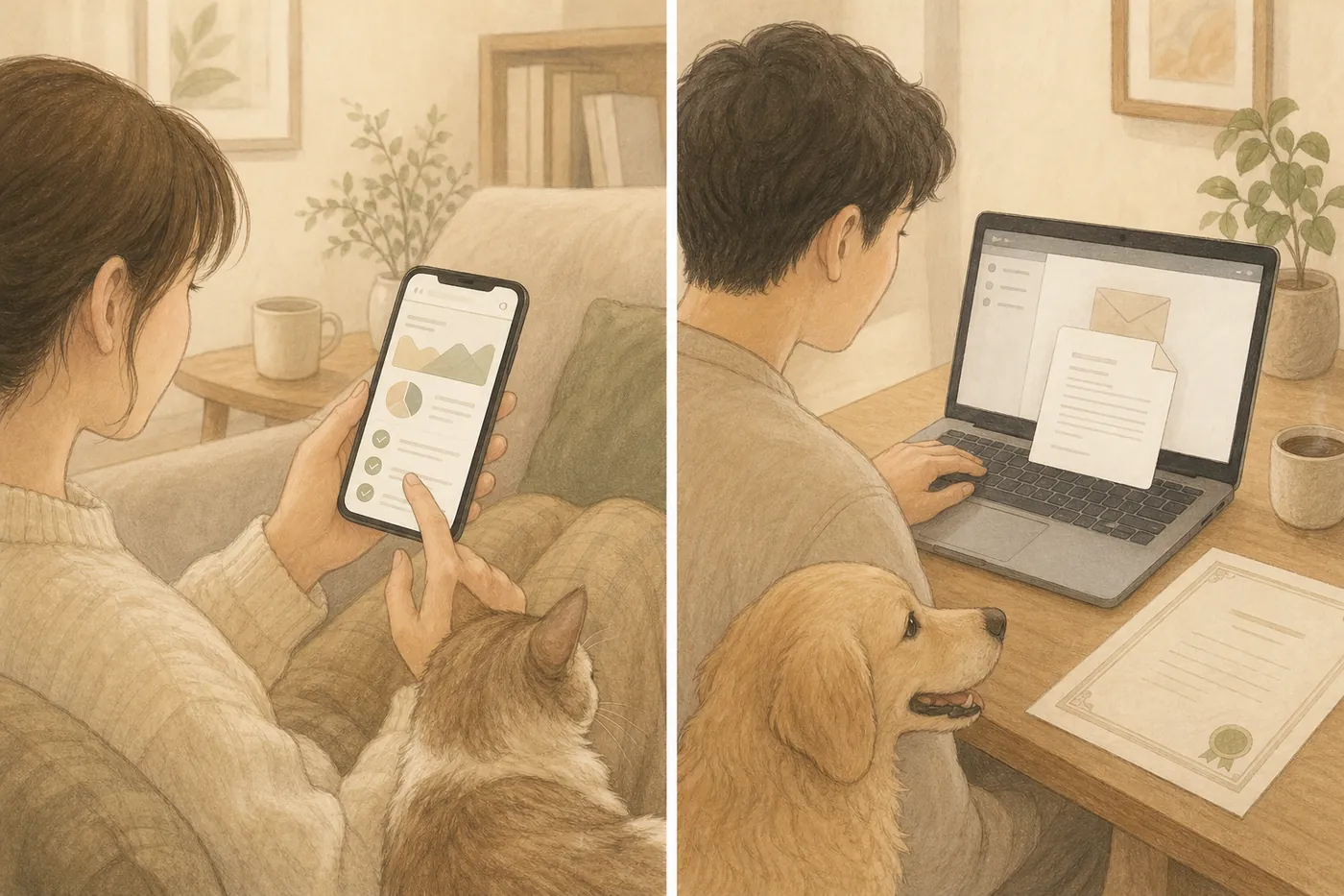 左はスマートフォンの会員ページで結果を見る人と猫、右はパソコンでメールの添付を開く人と犬