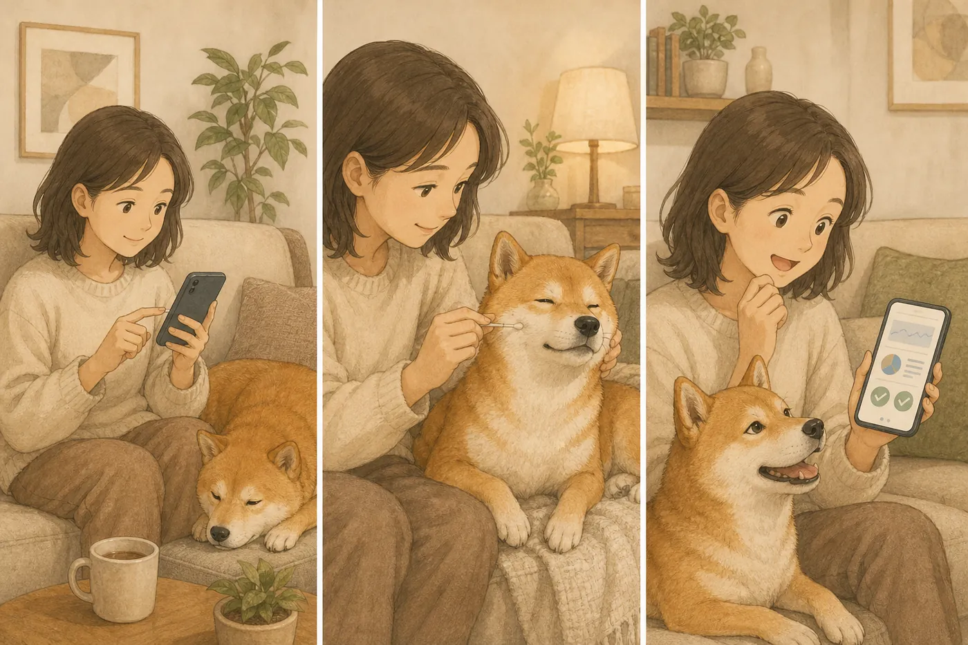 左からスマートフォンで申し込む人、柴の頬の内側を綿棒でこする人、スマートフォンで結果を見て喜ぶ人の3コマ