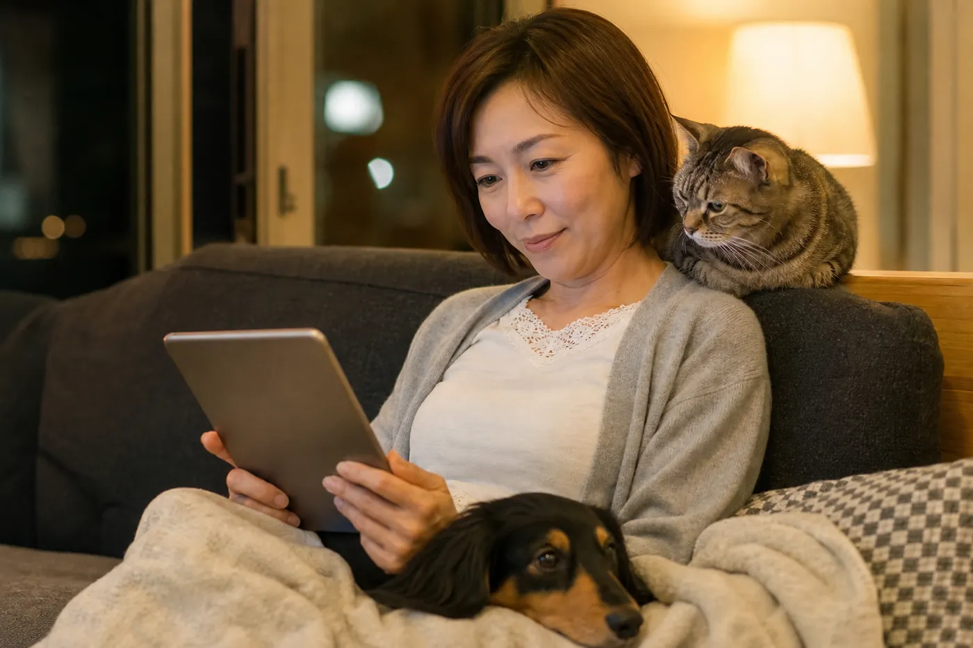 ソファでタブレットの検査結果を見る飼い主と、ひざの上のダックスフンド、背もたれの上の猫の写真風のイメージ