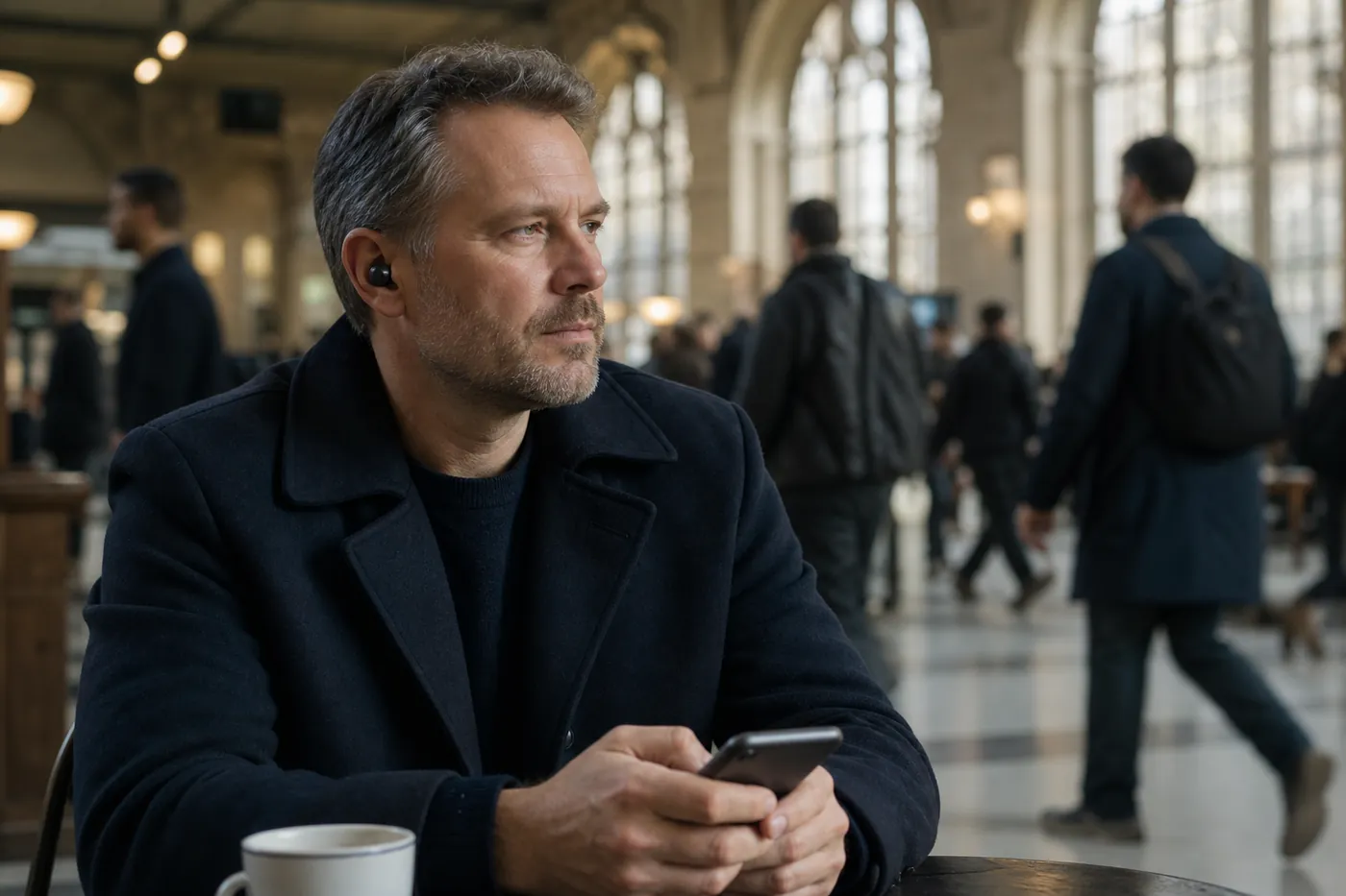 駅のカフェで、ワイヤレスイヤホンを着けてスマートフォンを持ち、人混みの中で落ち着いている男性の写真風のイメージ